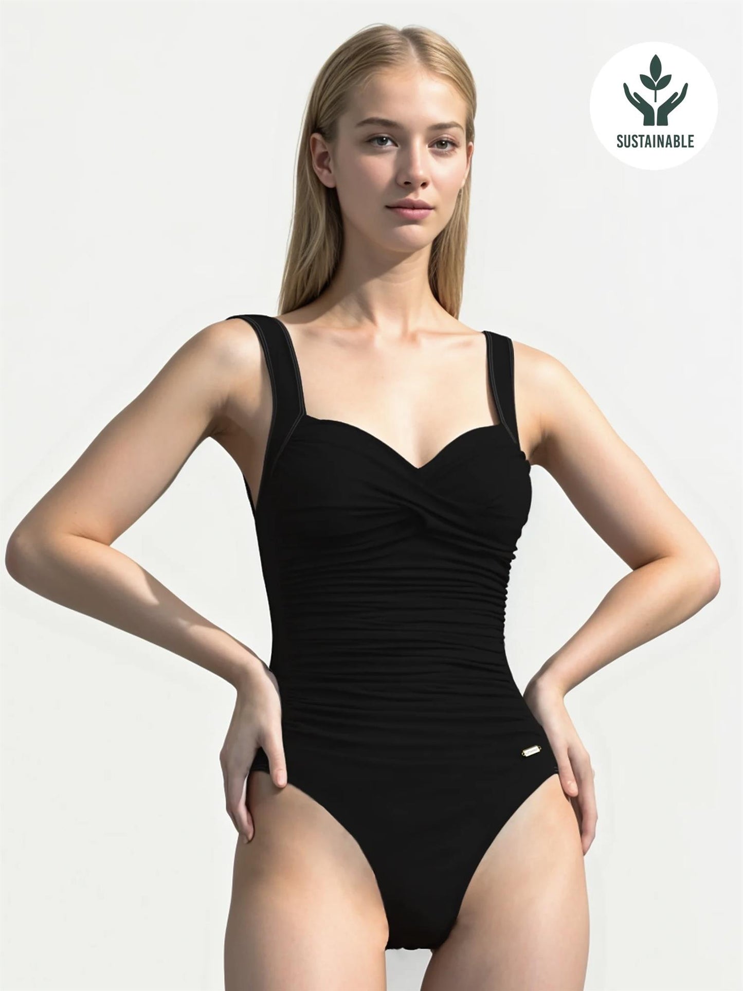 Solid Ruched Front Onepiece Black