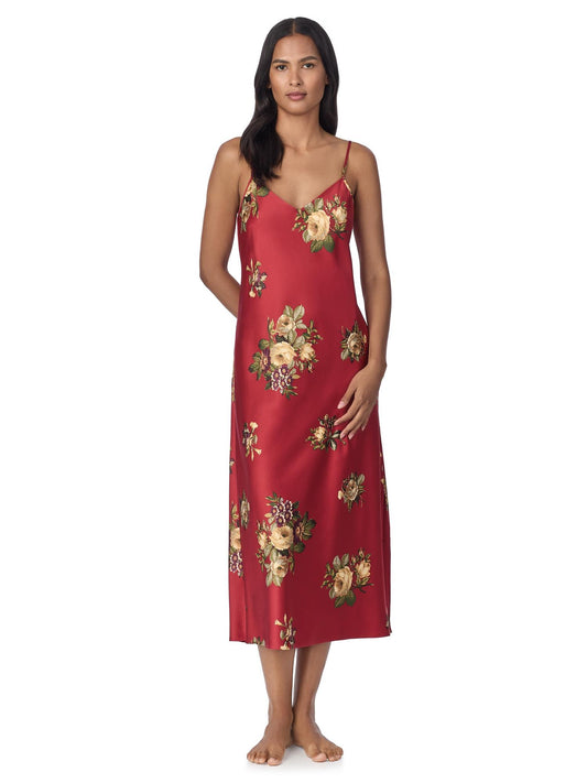 V-Neck Long Gown Red Floral