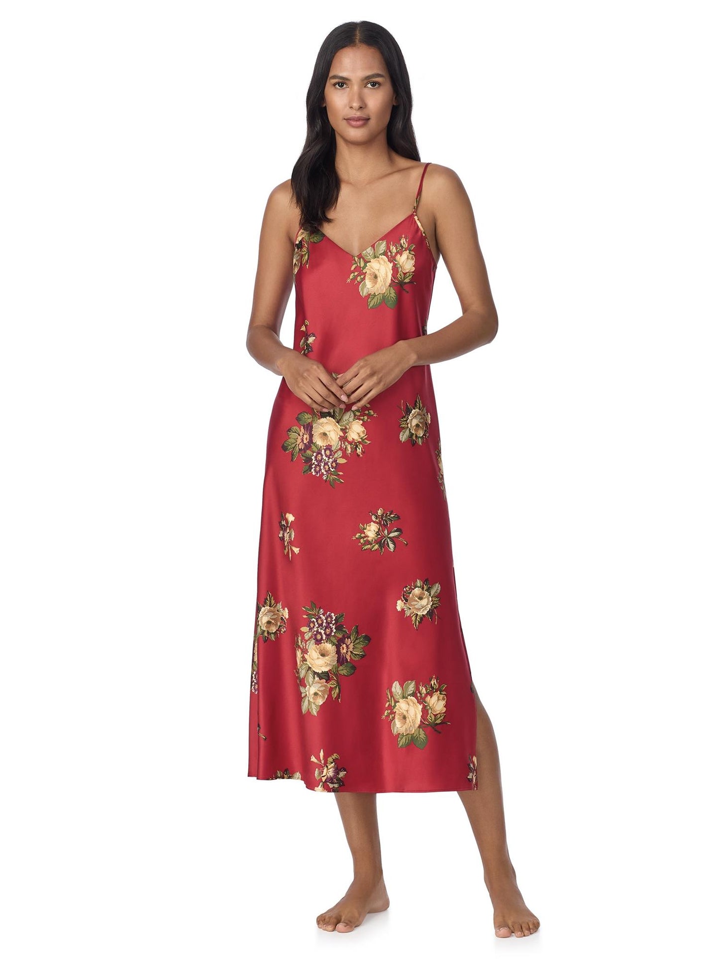 V-Neck Long Gown Red Floral